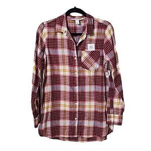 Old Navy Tunic Length Plaid Button Down Shirt Womens Size Small NEW